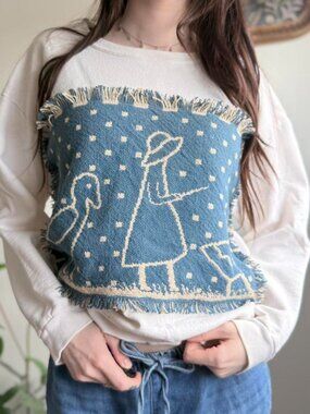 🦆 Upcycled Hanes crewneck with vintage duck/goose and lady farmer fringe patch